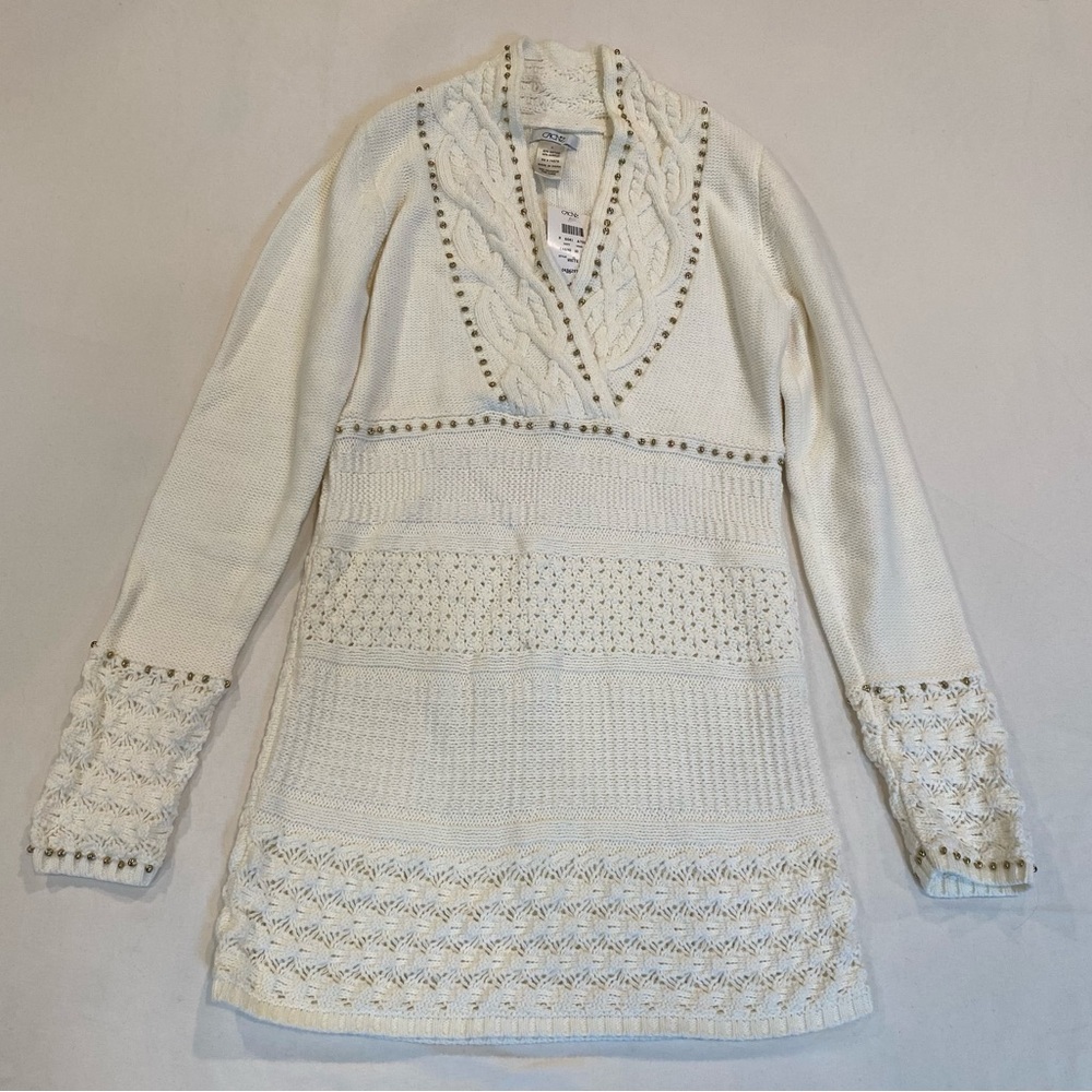 NWT Cache White Mini Cable-Knit Sweater Dress with Beaded Neckline, Size S